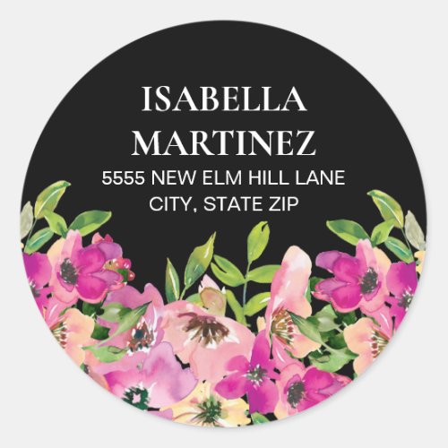 Pink Watercolor Floral Black Name Address Classic Round Sticker