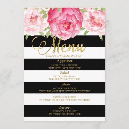 Pink Watercolor Floral Black Stripes Wedding Menu