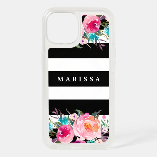 Pink Watercolor Floral Black White Stripe iPhone 15 Case