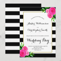 Pink Watercolor Floral Black White Stripes Wedding