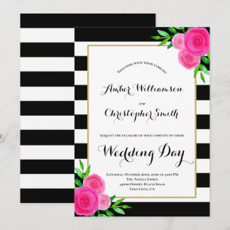 Pink Watercolor Floral Black White Stripes Wedding Invitation
