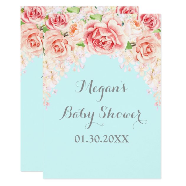 Pink Watercolor Floral Blue Baby Shower Invitation