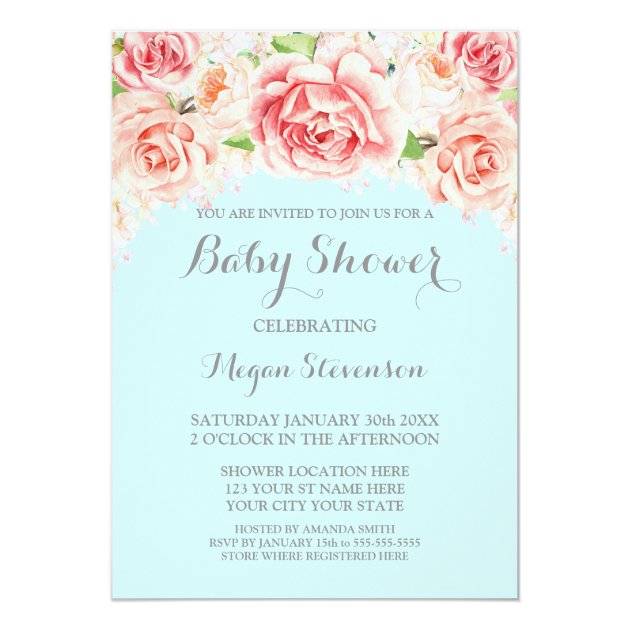 Pink Watercolor Floral Blue Baby Shower Invitation