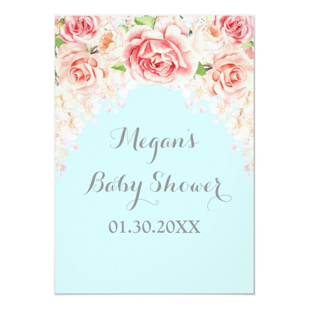 Pink Watercolor Floral Blue Baby Shower Invitation