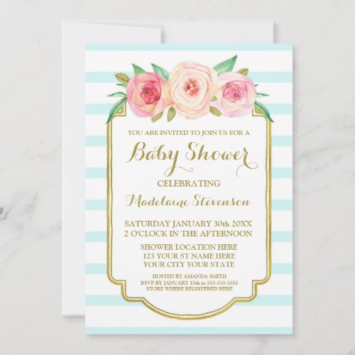 Pink Watercolor Floral Blue Stripes Baby Shower Invitation