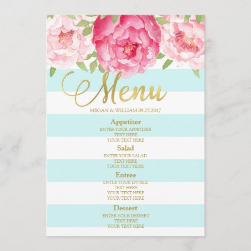 Pink Watercolor Floral Blue Stripes Wedding Menu