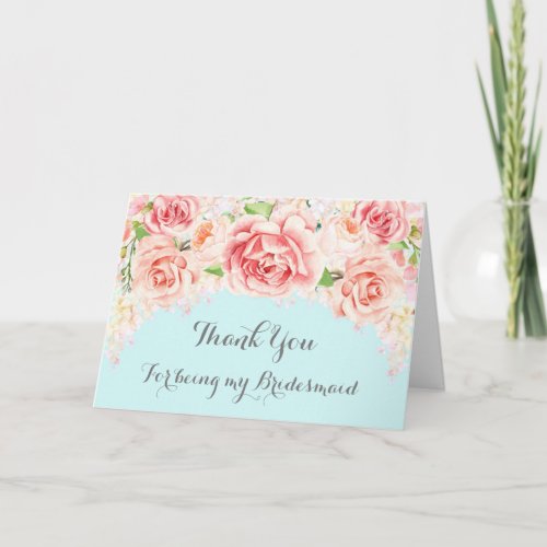 Pink Watercolor Floral Blue Thank You Bridesmaid