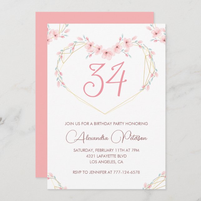 Pink Watercolor Floral Boho  34th birthday  Invitation (Front/Back)