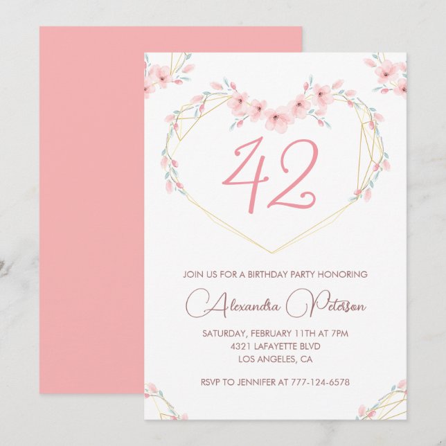 Pink Watercolor Floral Boho 42nd birthday  Invitation (Front/Back)