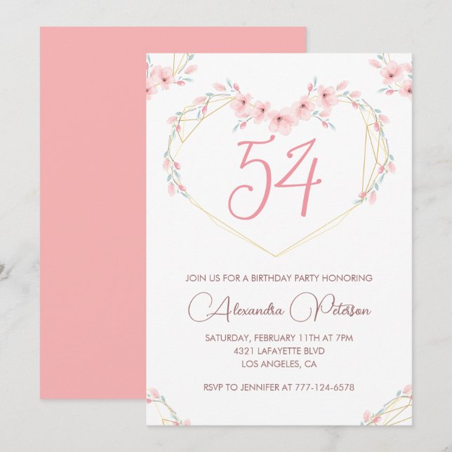 Pink Watercolor Floral Boho 54th birthday  Invitation (Front/Back)