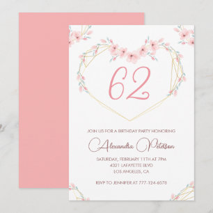 Pink Watercolor Floral Boho 62nd birthday Invitation