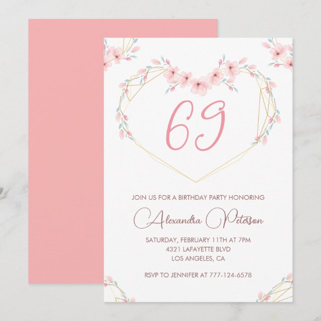 Pink Watercolor Floral Boho 69th birthday  Invitation (Front/Back)