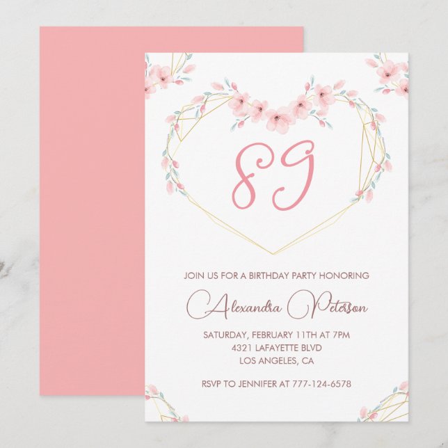 Pink Watercolor Floral Boho 89th birthday  Invitation (Front/Back)