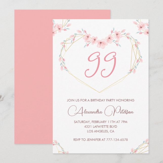 Pink Watercolor Floral Boho 99th birthday  Invitation (Front/Back)
