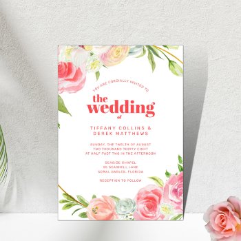 Pink Watercolor Floral Botanical Wedding Invitation by lesrubaweddings at Zazzle