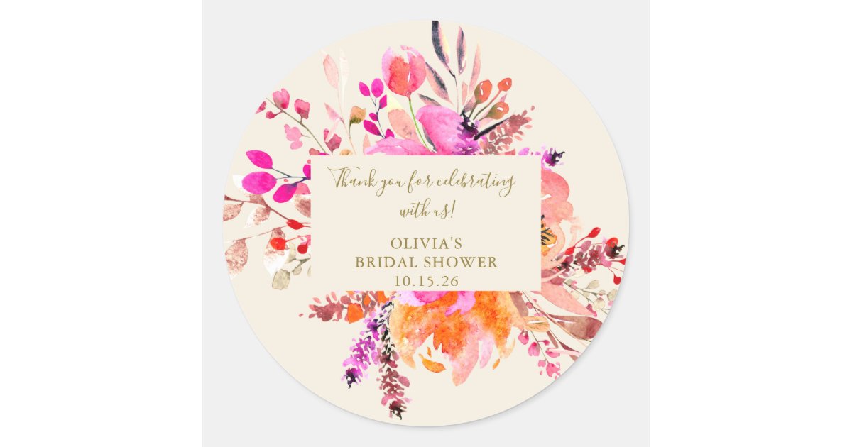 Pink Watercolor Floral Bouquet Bridal Shower Classic Round Sticker | Zazzle