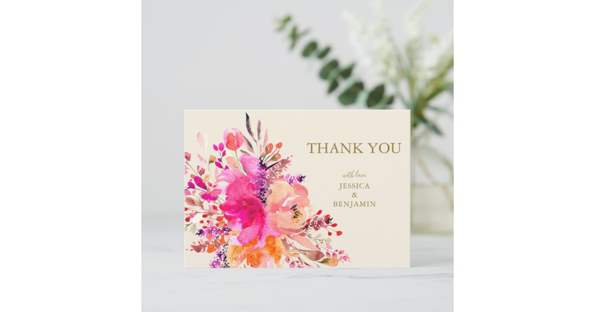 Pink Watercolor Floral Bouquet Custom Wedding Flat Thank You Card | Zazzle