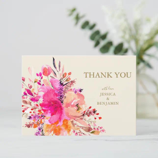 Pink Watercolor Floral Bouquet Custom Wedding Flat Thank You Card | Zazzle