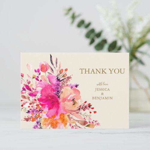 Pink Watercolor Floral Bouquet Custom Wedding Flat Thank You Card