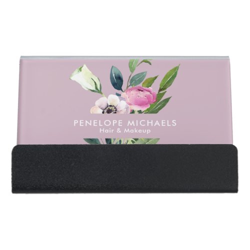 Pink Watercolor Floral Bouquet Minimalist Pastel Desk Business Card Holder