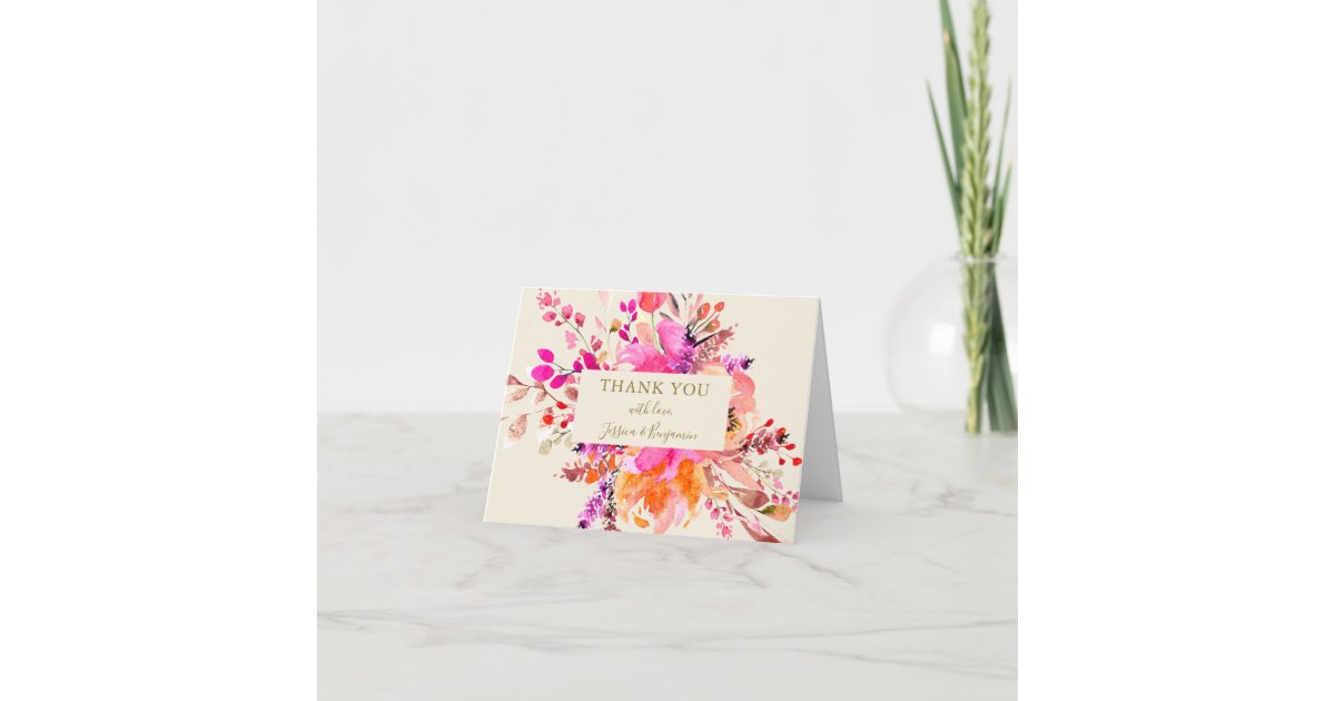 Pink Watercolor Floral Bouquet Wedding Name Folded Thank You Card | Zazzle