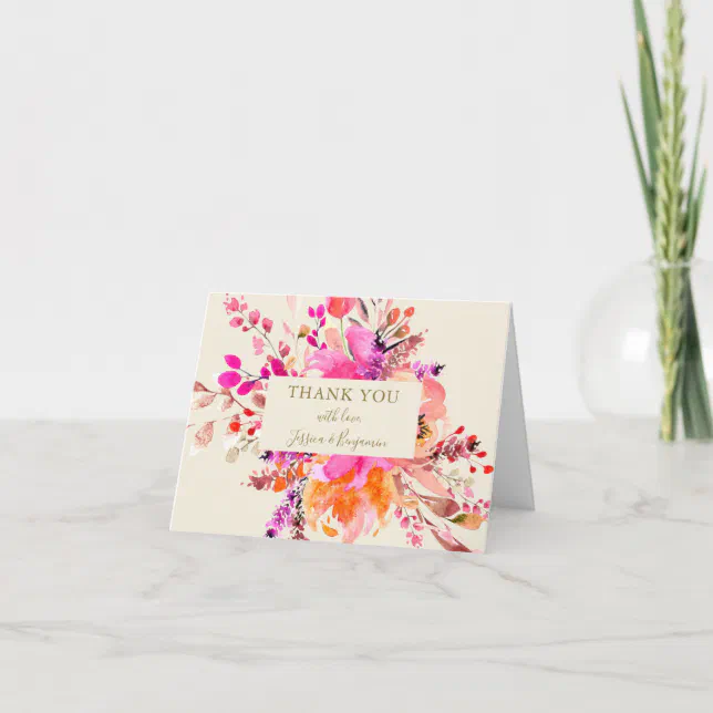 Pink Watercolor Floral Bouquet Wedding Name Folded Thank You Card | Zazzle