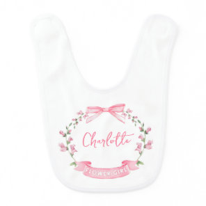 Pink Watercolor Floral Bow Custom Name Flower Girl Baby Bib