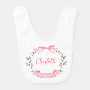 Pink Watercolor Floral Bow Custom Name Flower Girl Baby Bib