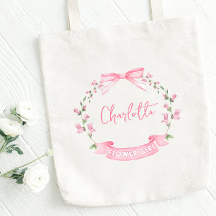 Pink Watercolor Floral Bow Custom Name Flower Girl Tote Bag