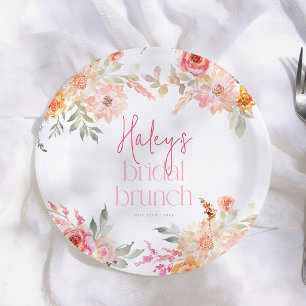 Pink Watercolor Floral Bridal Brunch Paper Plates