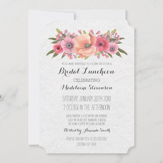 Pink Watercolor Floral Bridal Lunch Invitations (Back)
