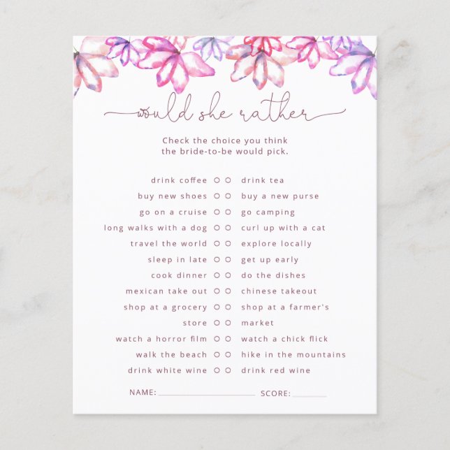 Pink Watercolor Floral Bridal Shower Game (Front)