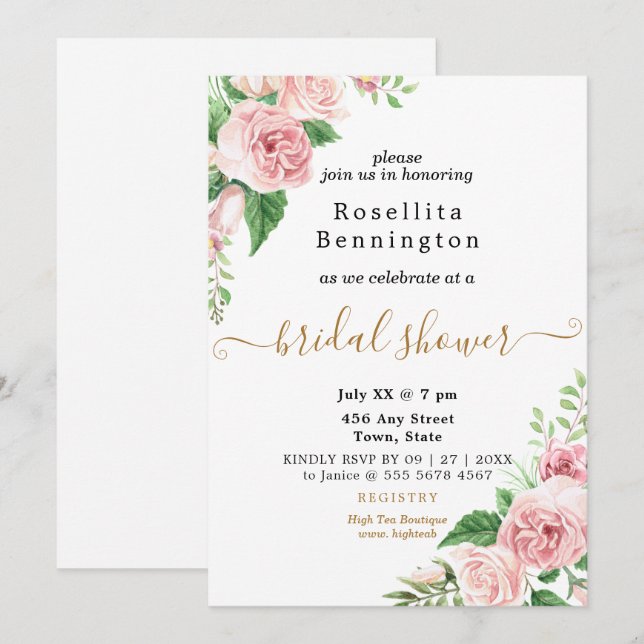 Pink Watercolor Floral Bridal Shower Invitation (Front/Back)