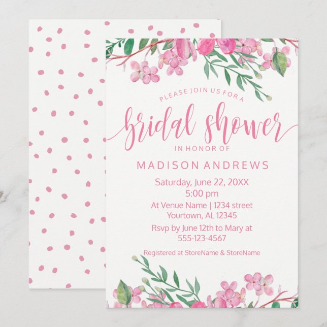 Pink Watercolor Floral Bridal Shower Invitation (Front/Back)