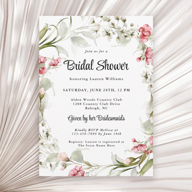 Pink Watercolor Floral Bridal Shower Invitation (Available in both printed and instant download digital formats.)