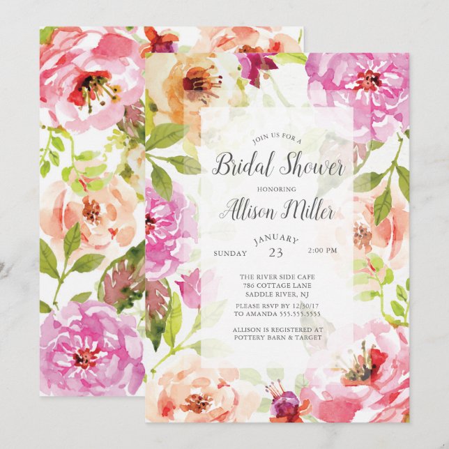 Pink Watercolor Floral Bridal Shower Invitation (Front/Back)