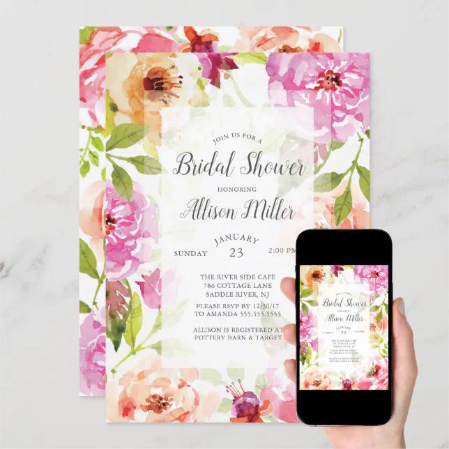 Pink Watercolor Floral Bridal Shower Invitation Zazzle