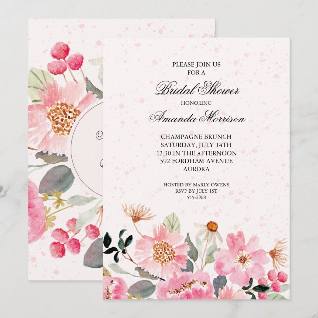 Pink Watercolor Floral Bridal Shower Invitations (Front/Back)