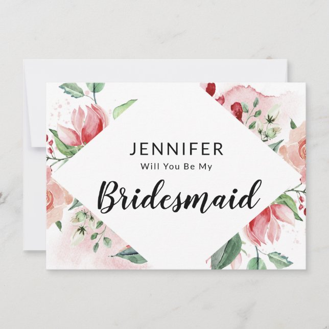 Pink Watercolor Floral Bridesmaid Proposal Card (Front)