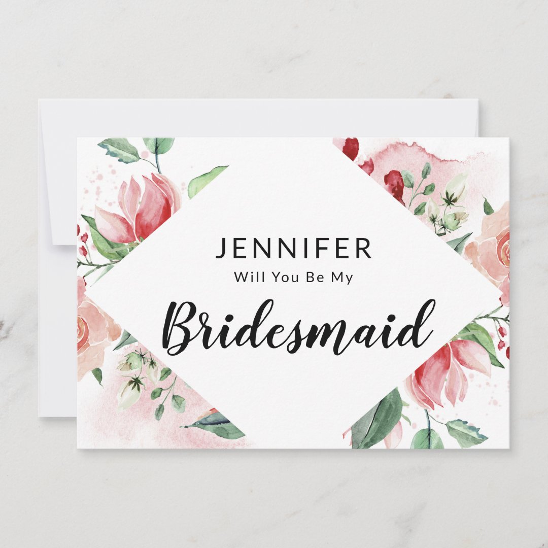 Pink Watercolor Floral Bridesmaid Proposal Card | Zazzle