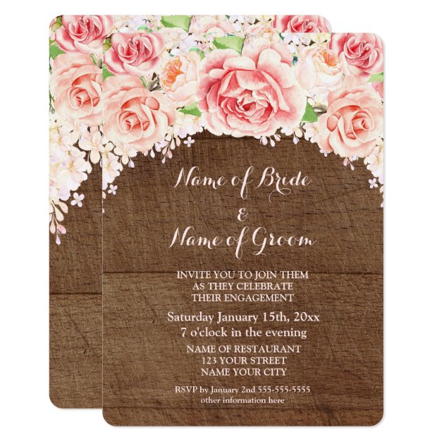 Pink Watercolor Floral Brown Wood Engagement Party Invitation