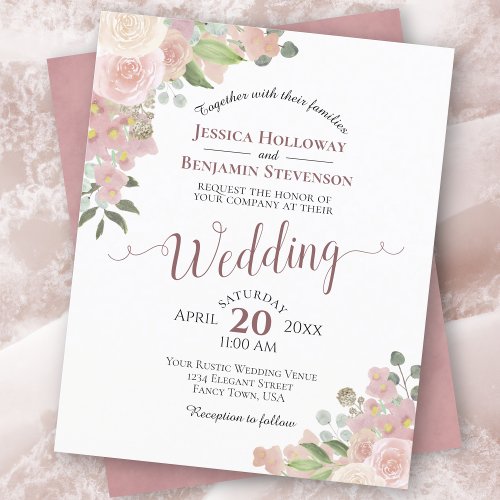 Pink Watercolor Floral BUDGET Wedding Invitation
