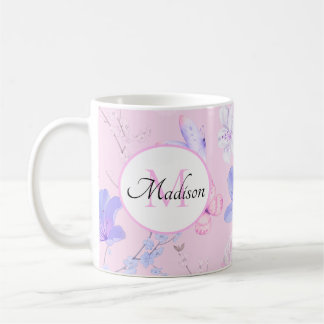 Pink Watercolor Floral Butterflies Monogram Coffee Mug