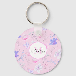 Pink Watercolor Floral Butterflies Monogram Keychain