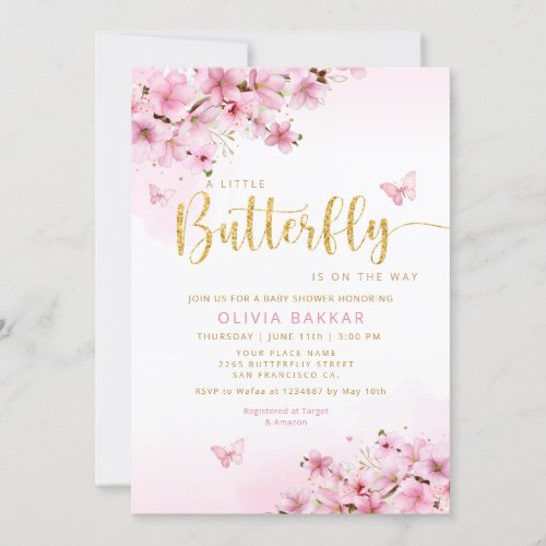 Pink Watercolor Floral Butterfly Girl Baby Shower Invitation