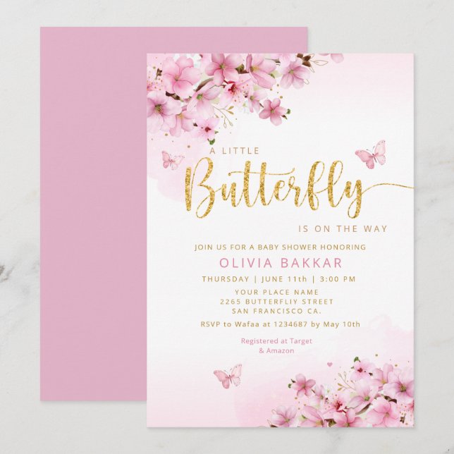 Pink Watercolor Floral Butterfly Girl Baby Shower Invitation (Front/Back)