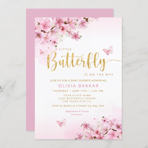 Pink Watercolor Floral Butterfly Girl Baby Shower Invitation