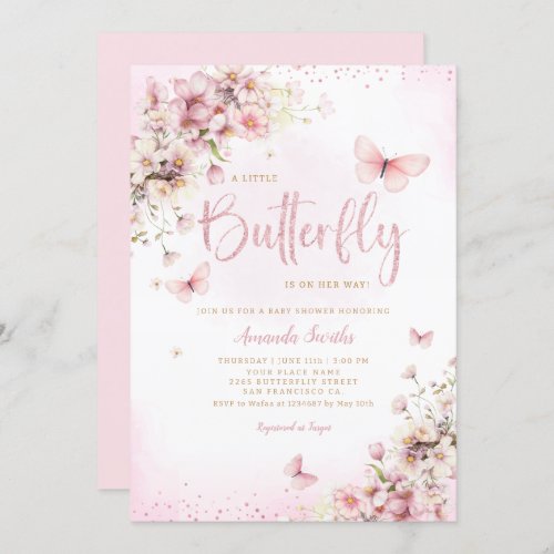 Pink Watercolor Floral Butterfly Girl Baby Shower  Invitation