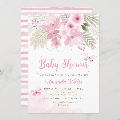 Pink Watercolor Floral Butterfly Girl Baby Shower  Invitation
