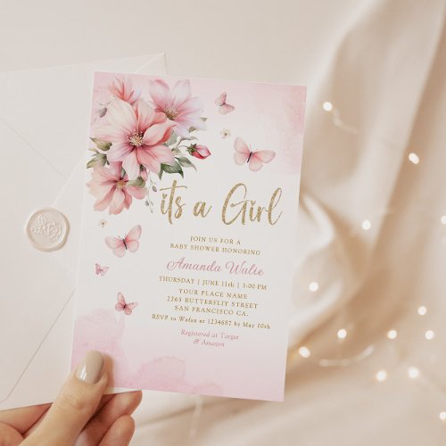 Pink Watercolor Floral Butterfly Girl Baby Shower  Invitation